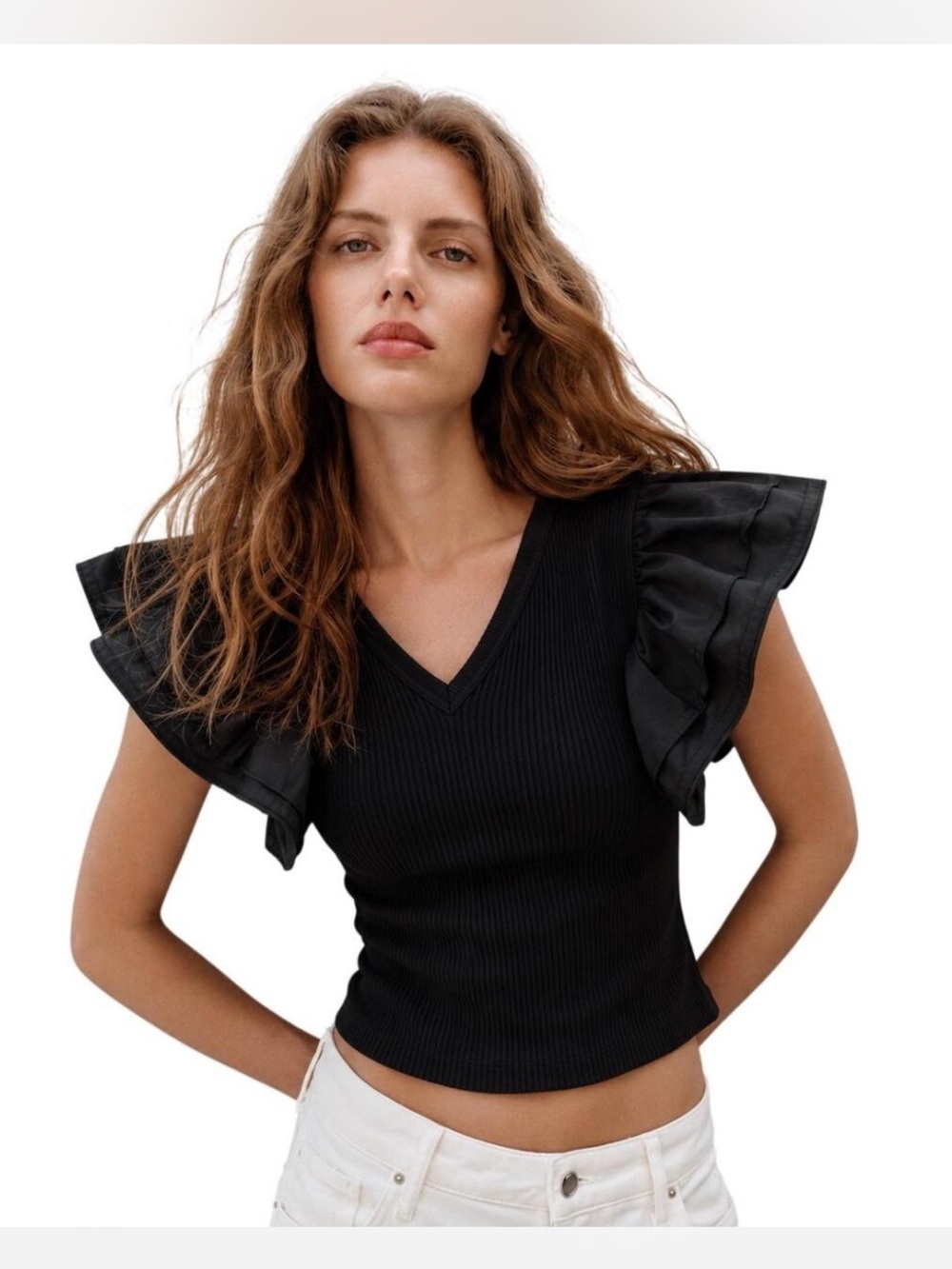 Zara Black Ruffle-Sleeve V-Neck Ribbed Top